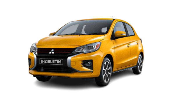 Mitsubishi Mirage jaune disponible à la location à Huahine